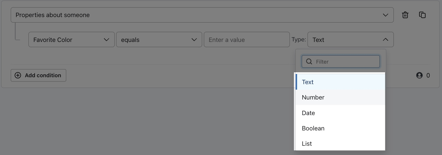Menu a discesa dei tipi di dati nei segmenti