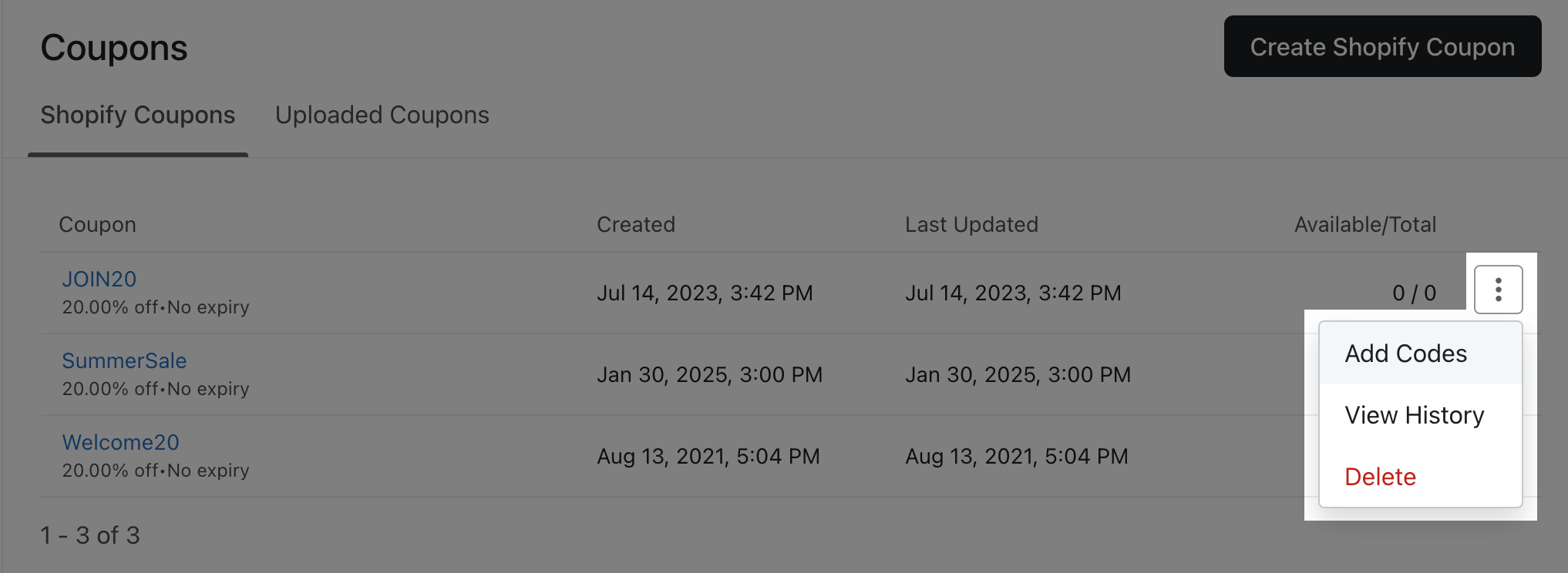 A guia cupom com o menu suspenso 3dot é aberta ao lado de um cupom para selecionar View History (Exibir histórico)