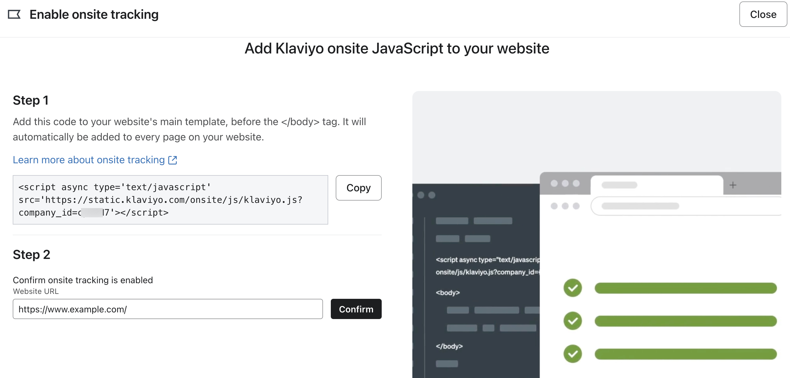 La modale abilitare il tracciamento onsite mostra i passaggi per installare il tracciamento onsite.