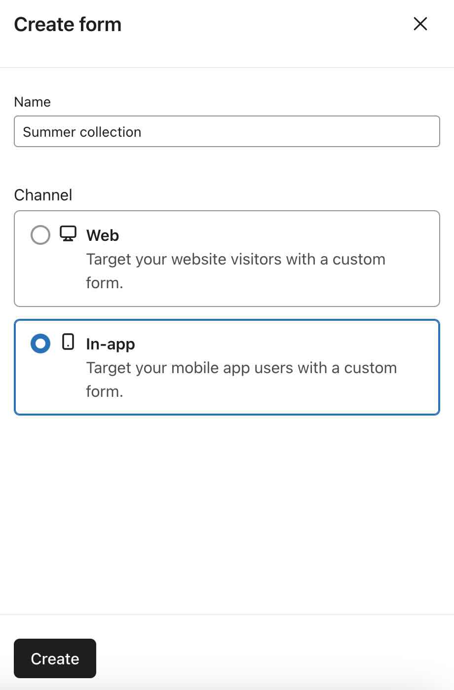 Modal that shows the 2 types of forms: web and in-app