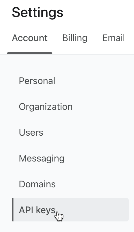 API keys tab under account settings