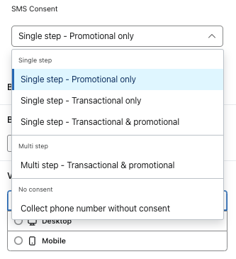 SMS-Einwilligung Dropdown