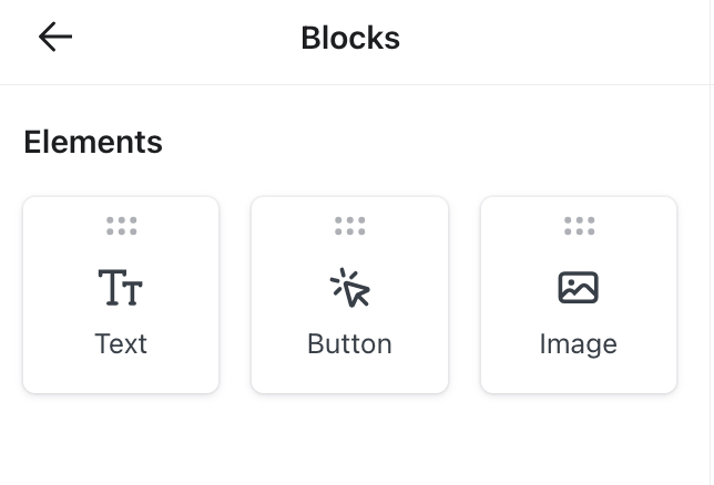 The Blocks tab in the Klaviyo form editor showing the 3 block options: text, button, and image. 