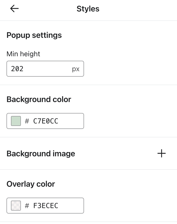 The Styles tab open in the Klaviyo form editor showing an example form's style settings for height, background color, and overlay color.