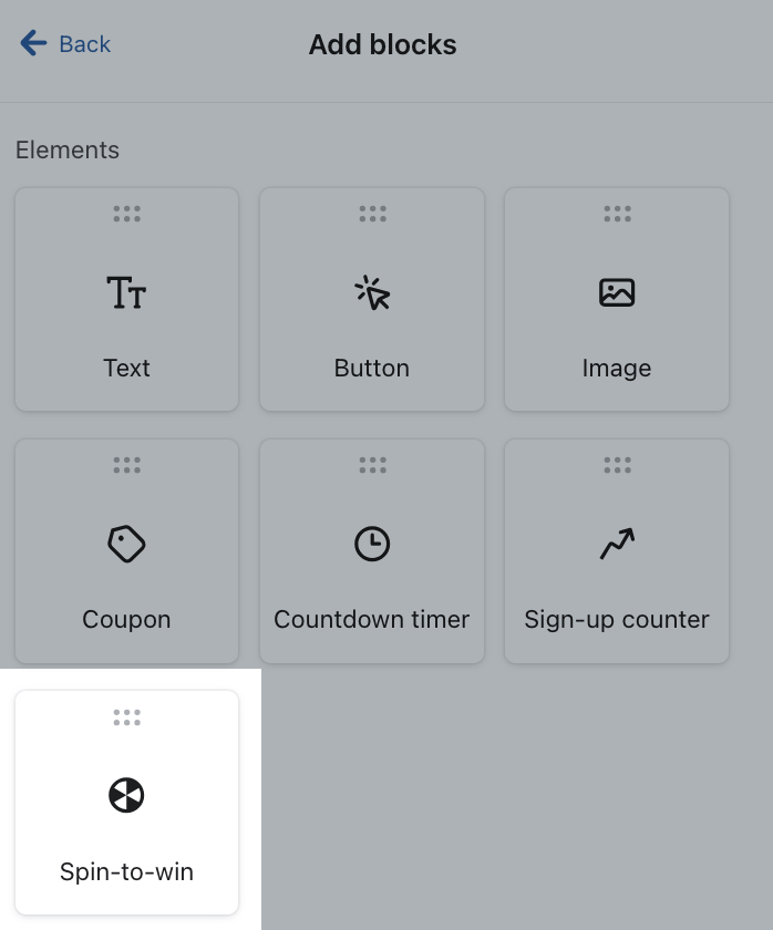 The Add blocks tab open in the Klaviyo form editor showing the Spin-to-win block highlighted.