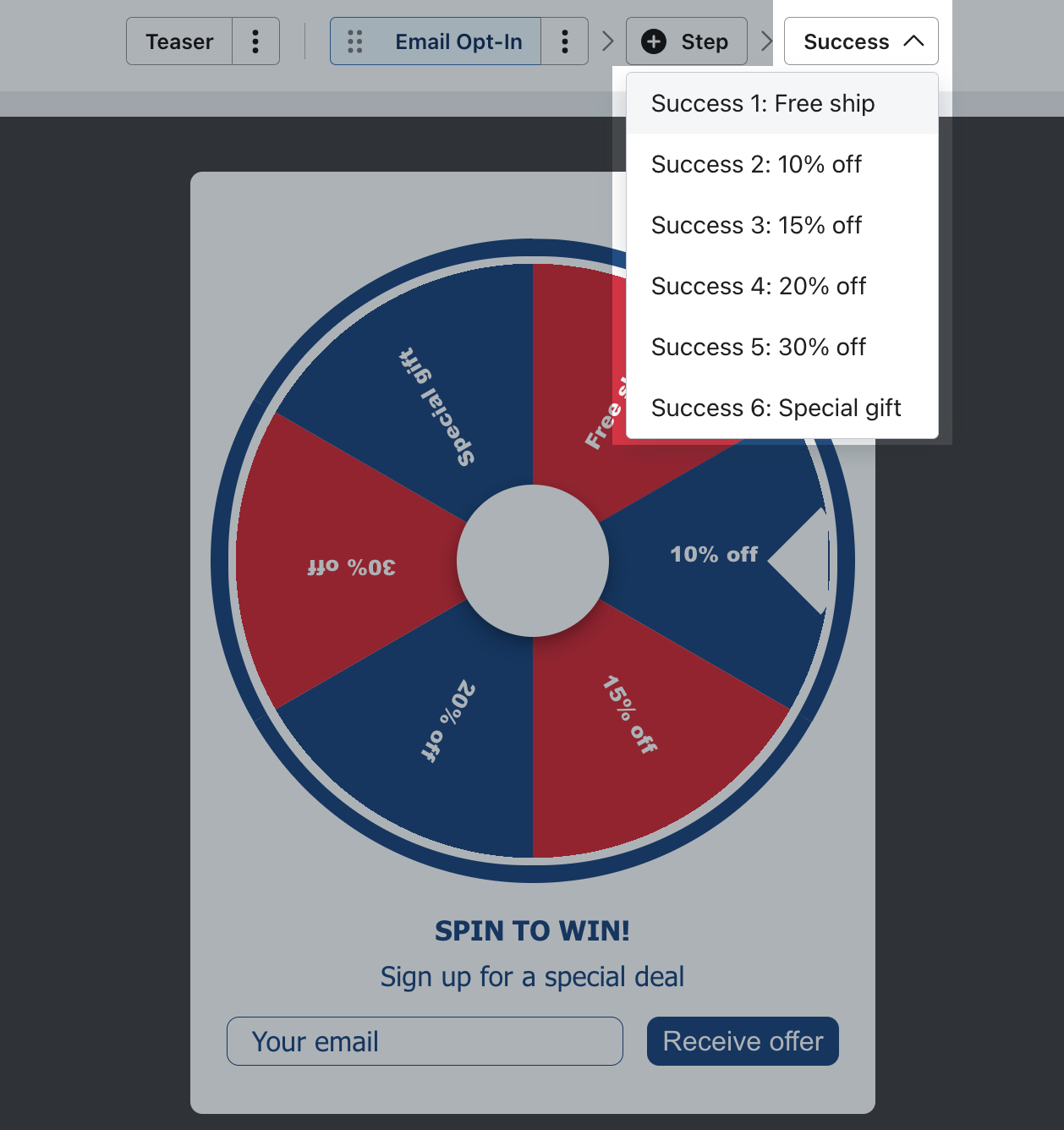 The Success step selected in the menu bar of the form editor and showing the success steps corresponding to each slice of the spin-to-win wheel in the form.