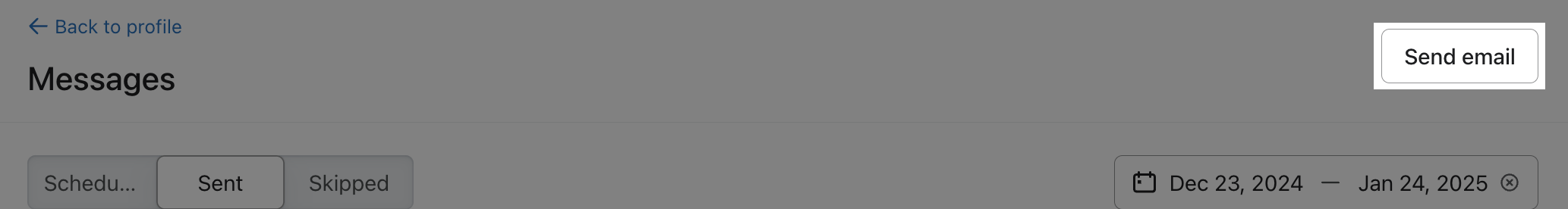 Centre de messages, montrant le bouton d'envoi d'e-mail