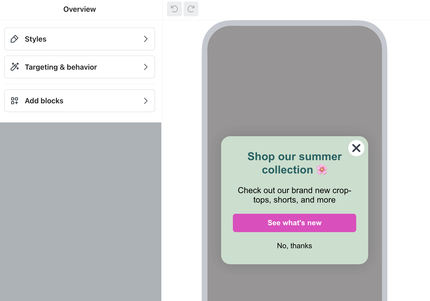 Der Formular-Editor in Klaviyo zeigt ein Beispiel für ein In-App-Formular in der Vorschau und das Menü mit den Optionen zum Anpassen des Formulars.