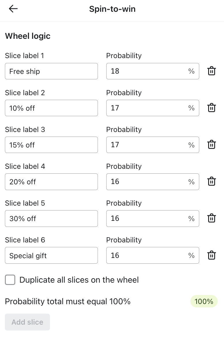 O menu Spin-to-win (Girar para ganhar) no editor de formulários mostra as configurações de lógica de roda do formulário de exemplo, incluindo exemplos de nomes de rótulos de fatias de roda e porcentagens de probabilidade para cada uma.