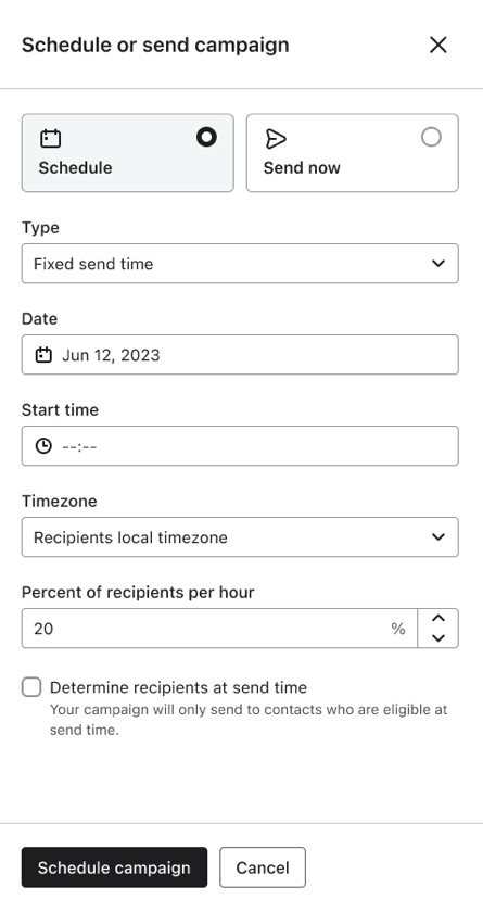 Campaign schedule or send now screen
