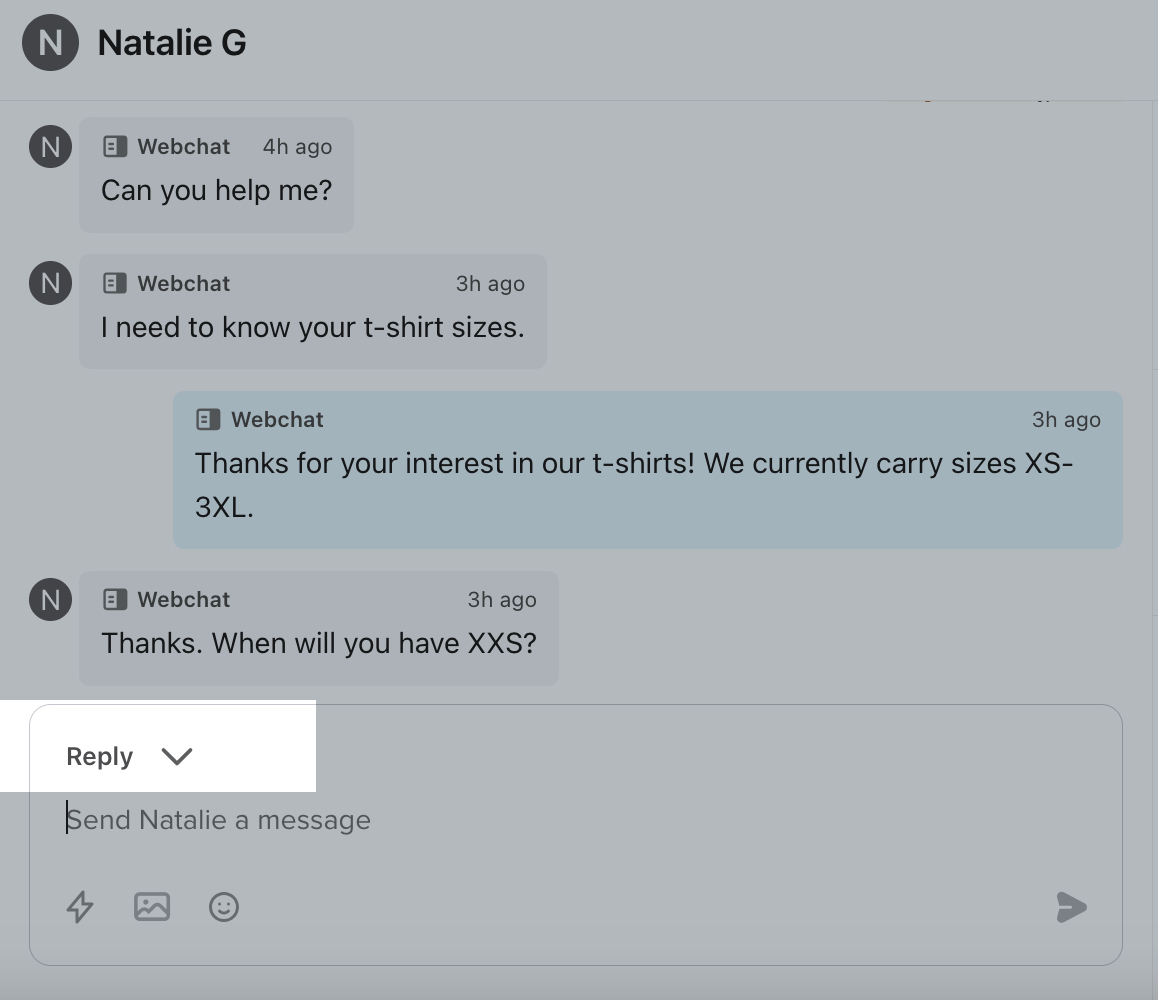 The dropdown next to the Reply button being selected from the reply textbox within an Inbox ticket.