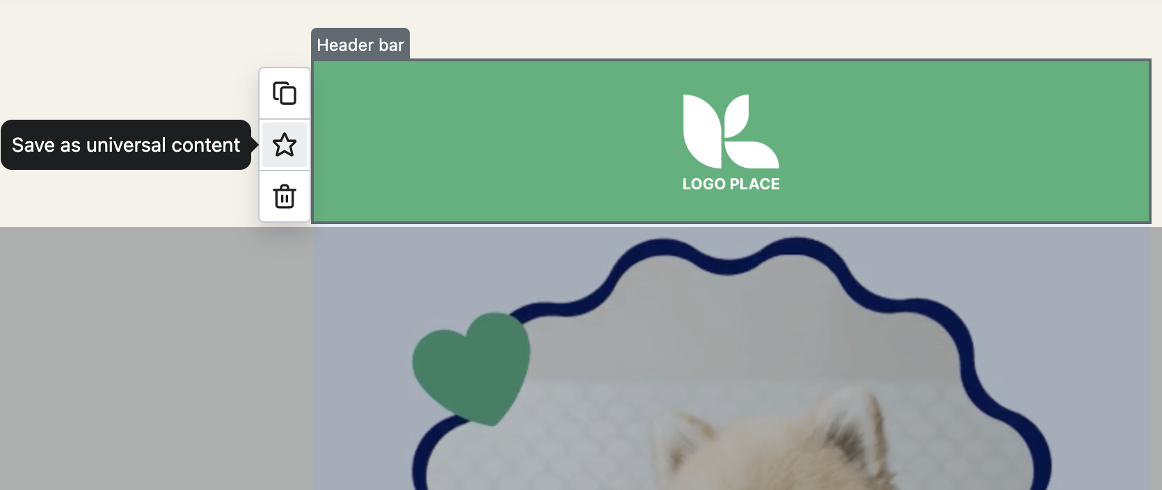 A header bar block selected on a template in the editor and showing the star icon on the editing options menu.