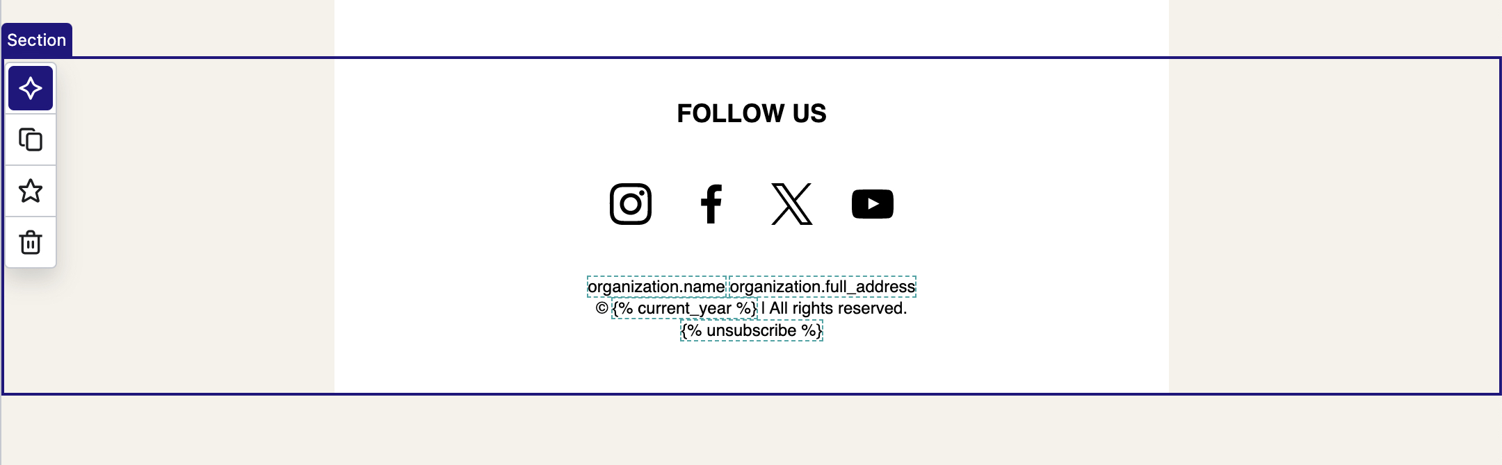 A footer section selected on a template in the editor and showing the star icon option highlighted on the editing options menu.