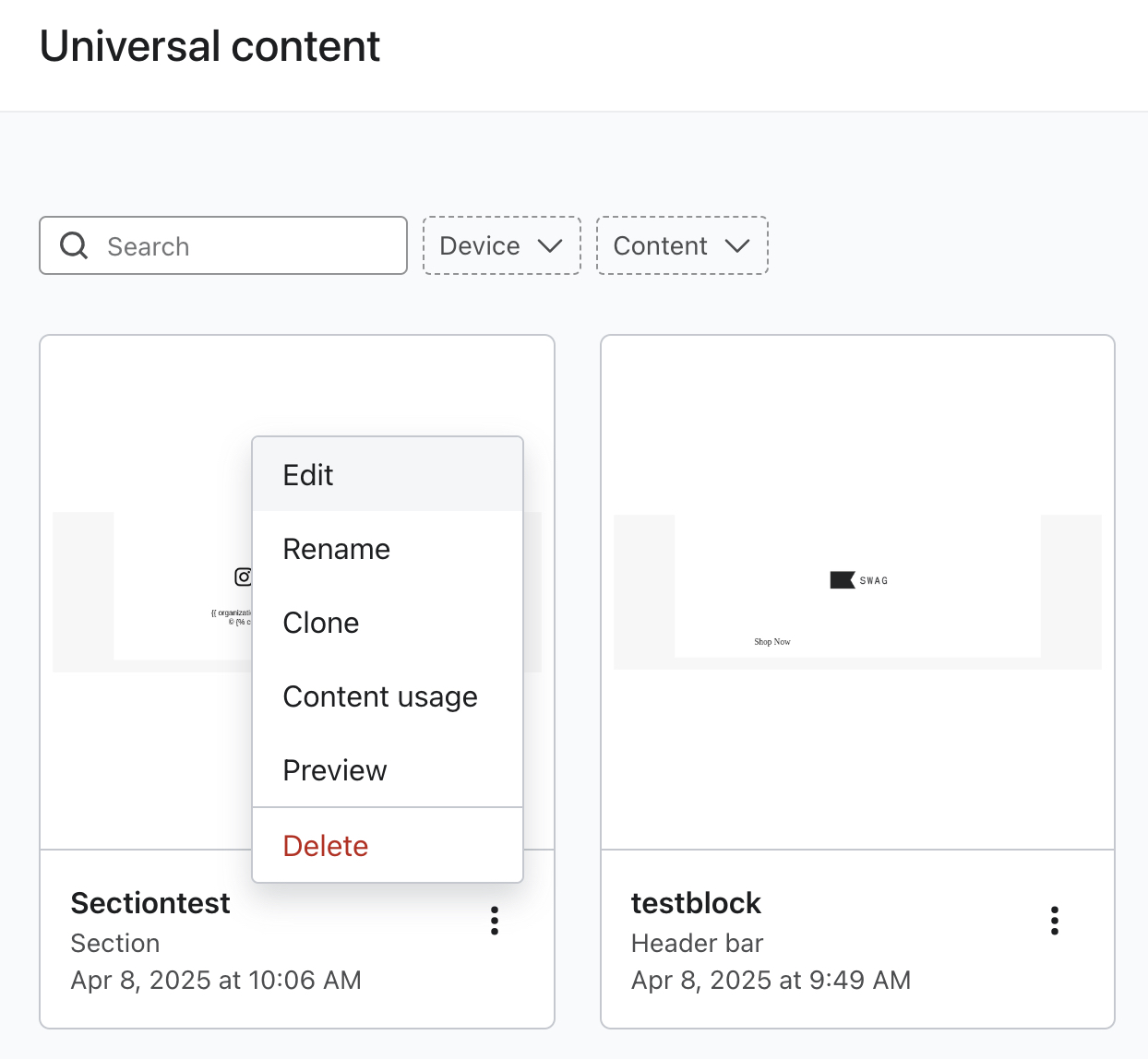 Bloc de contenu universel sur la page « Contenu universel » dans Klaviyo, avec son menu d’options supplémentaires ouvert