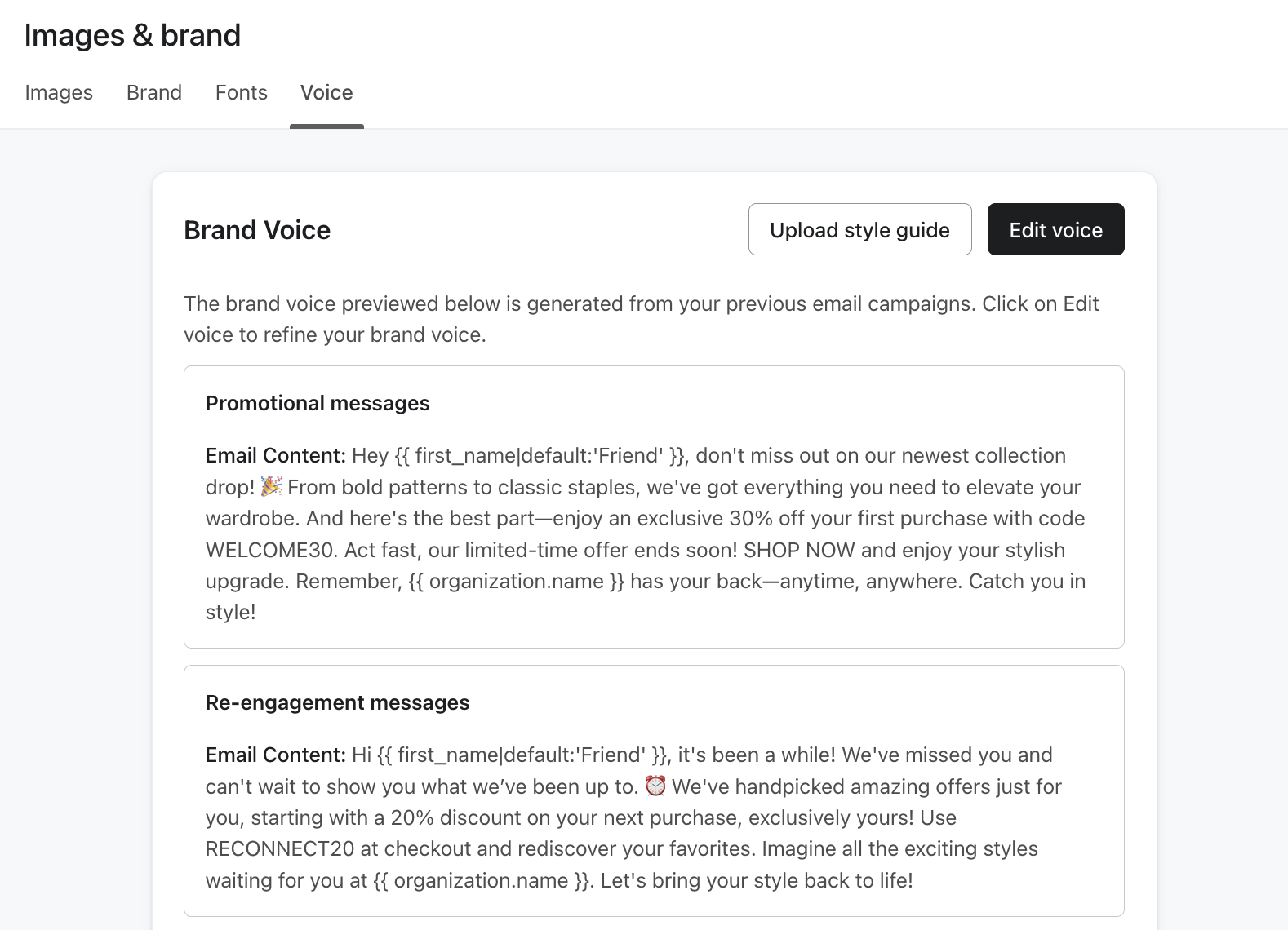 The Voice tab in Klaviyo showing auto-generated brand voice sample content.