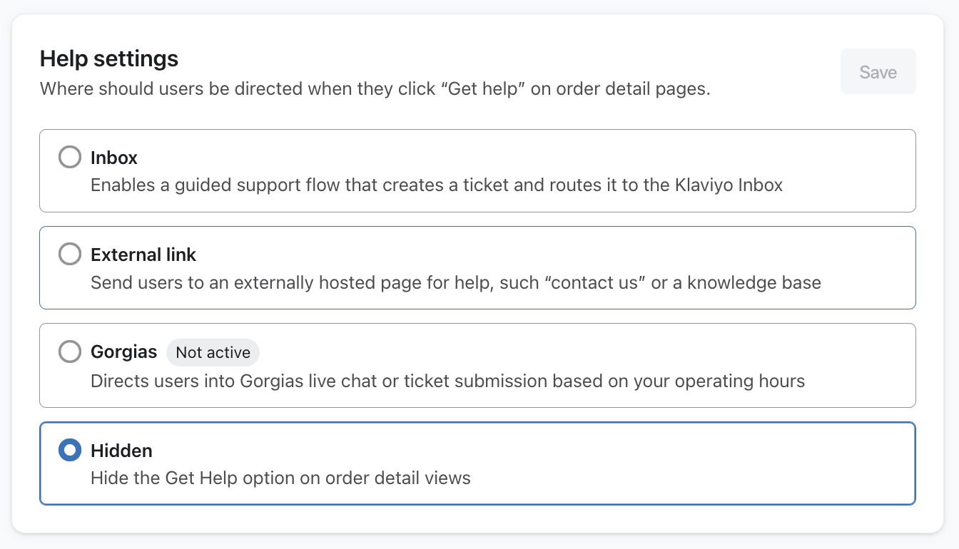 El menú de configuración de la Ayuda en Klaviyo mostrando la opción Oculto seleccionada.