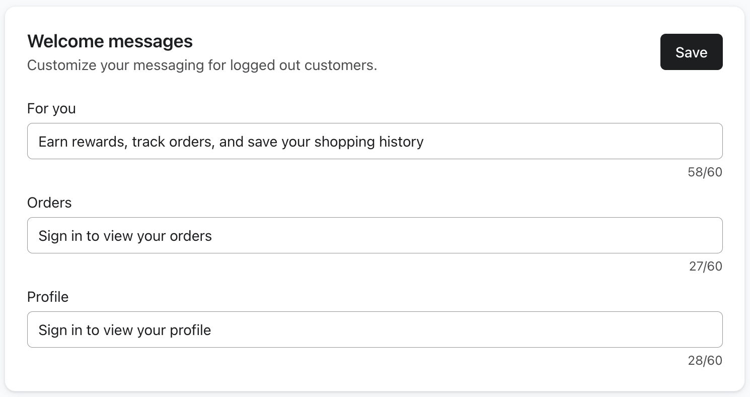 Le menu des messages de bienvenue dans les paramètres de contenu de Klaviyo Customer Hub.