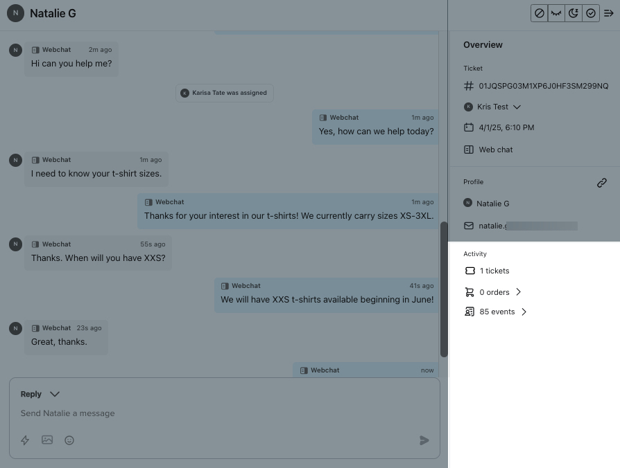 The Overview pane for an example profile showing the # of tickets field in the Activity section.