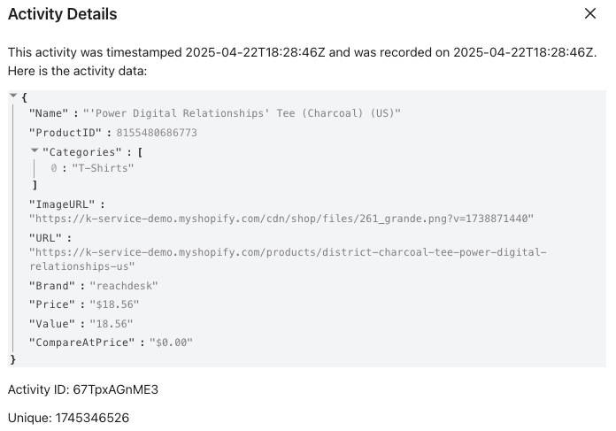 The expanded Activity details modal for an example event selected from the activity feed.