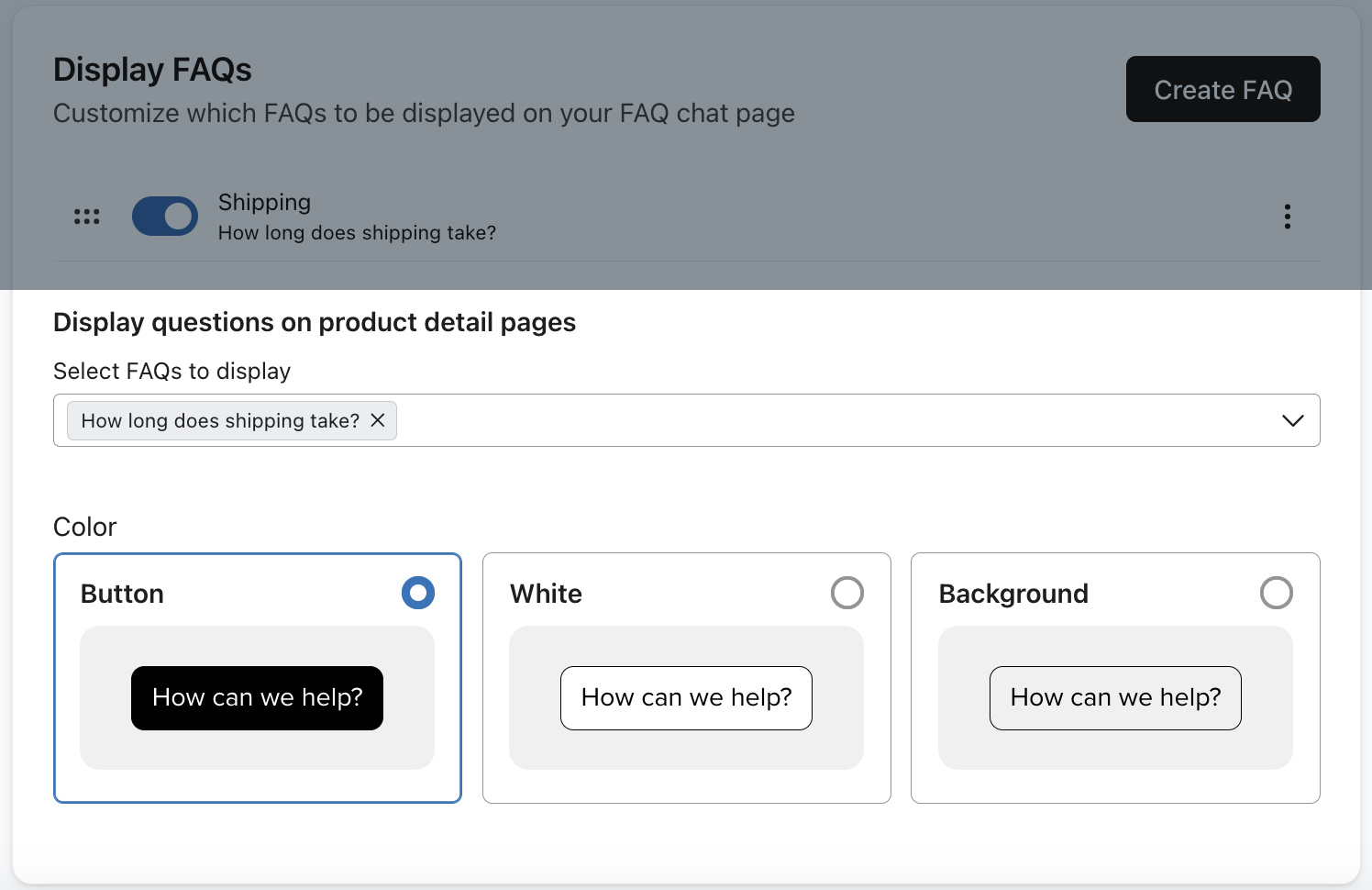 O menu Exibir perguntas nas páginas de detalhes do produto na guia FAQs do Klaviyo mostra uma FAQ selecionada para exibição.