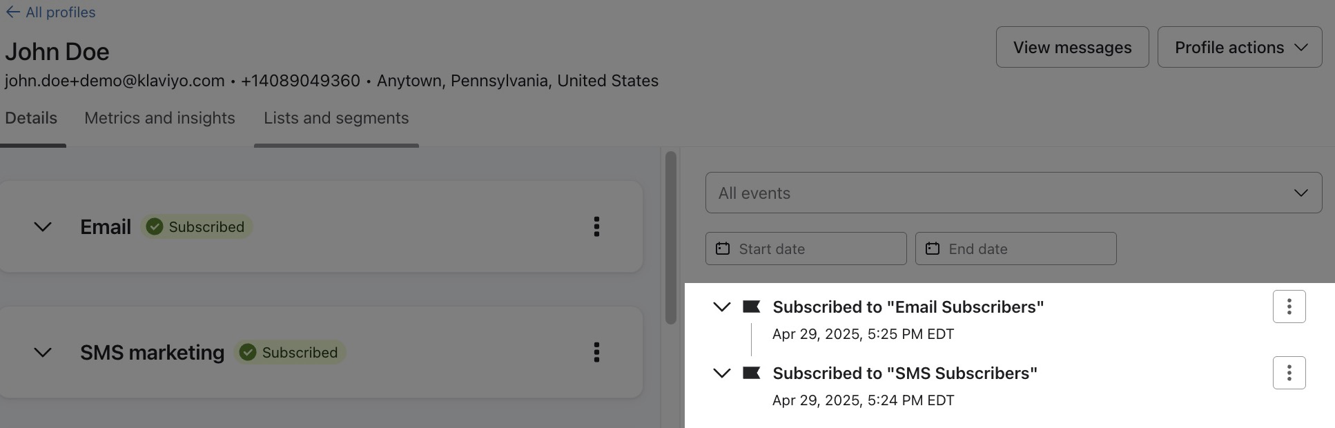 inscrever-se para listar eventos em um perfil