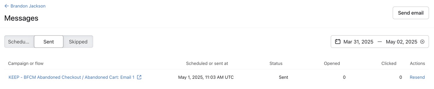 The Resend option can be found to the right of the right of the message title under Actions.