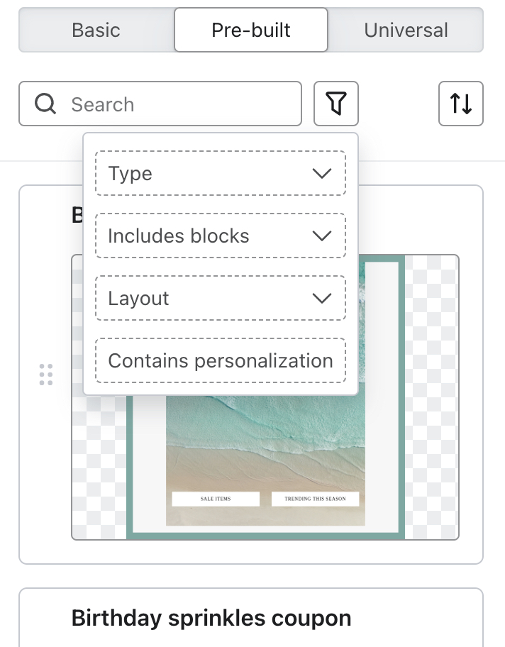The Pre-built tab in the email sidebar showing the filtering options open but unselected.