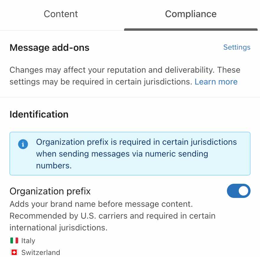 Compliance tab, showing the organizational prefix option