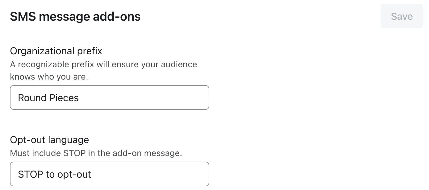 SMS settings, showing the section to edit the unsubscribe instructions