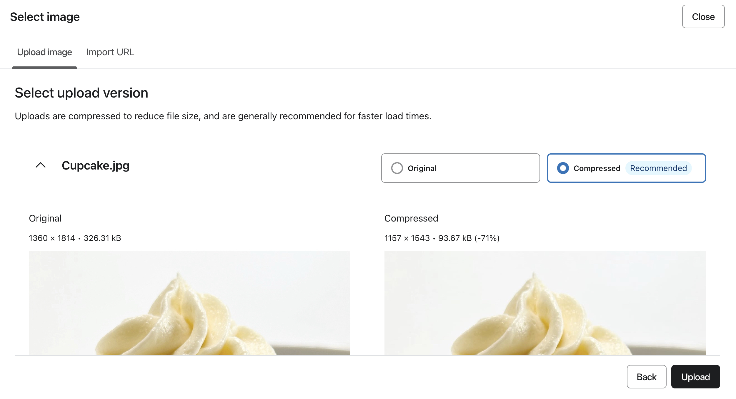 A etapa de revisão durante o processo de upload de imagens mostra uma comparação de arquivos de imagem.