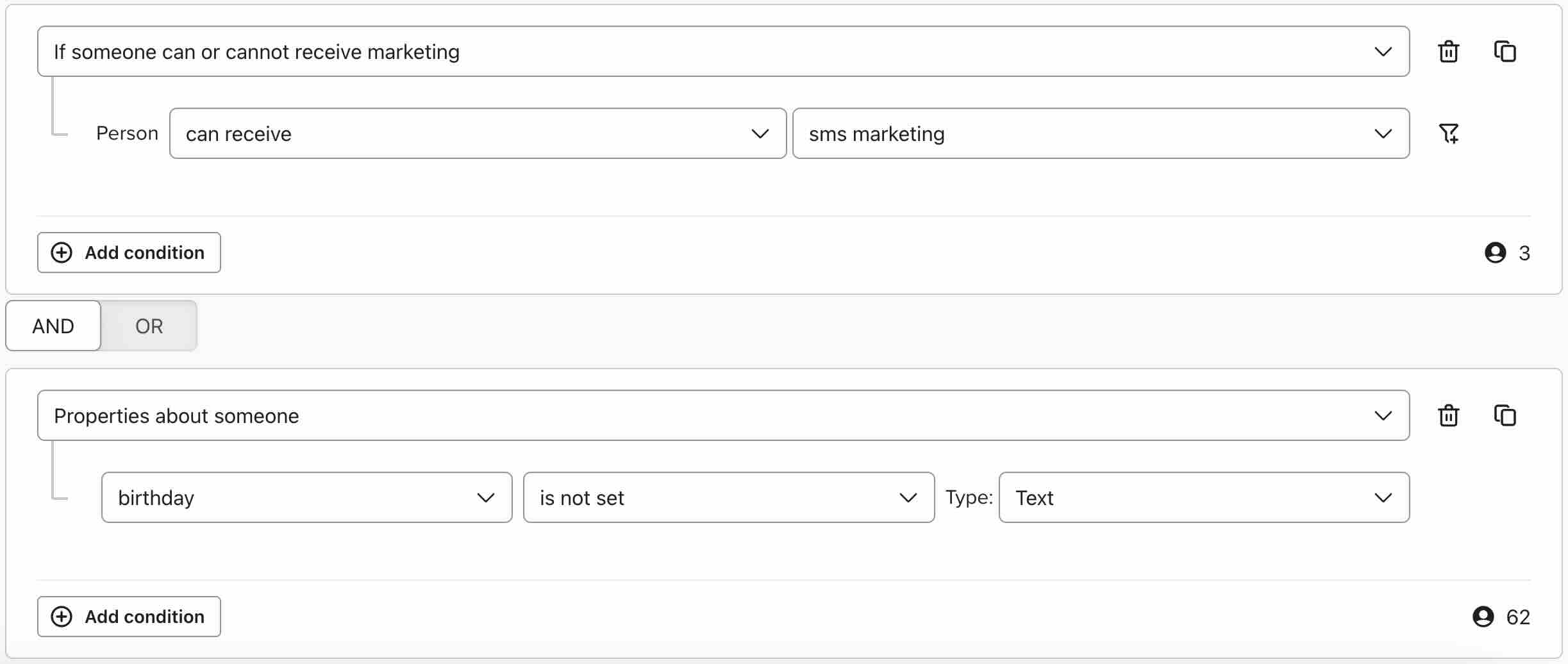Segment of profiles with SMS consent but not a birthday