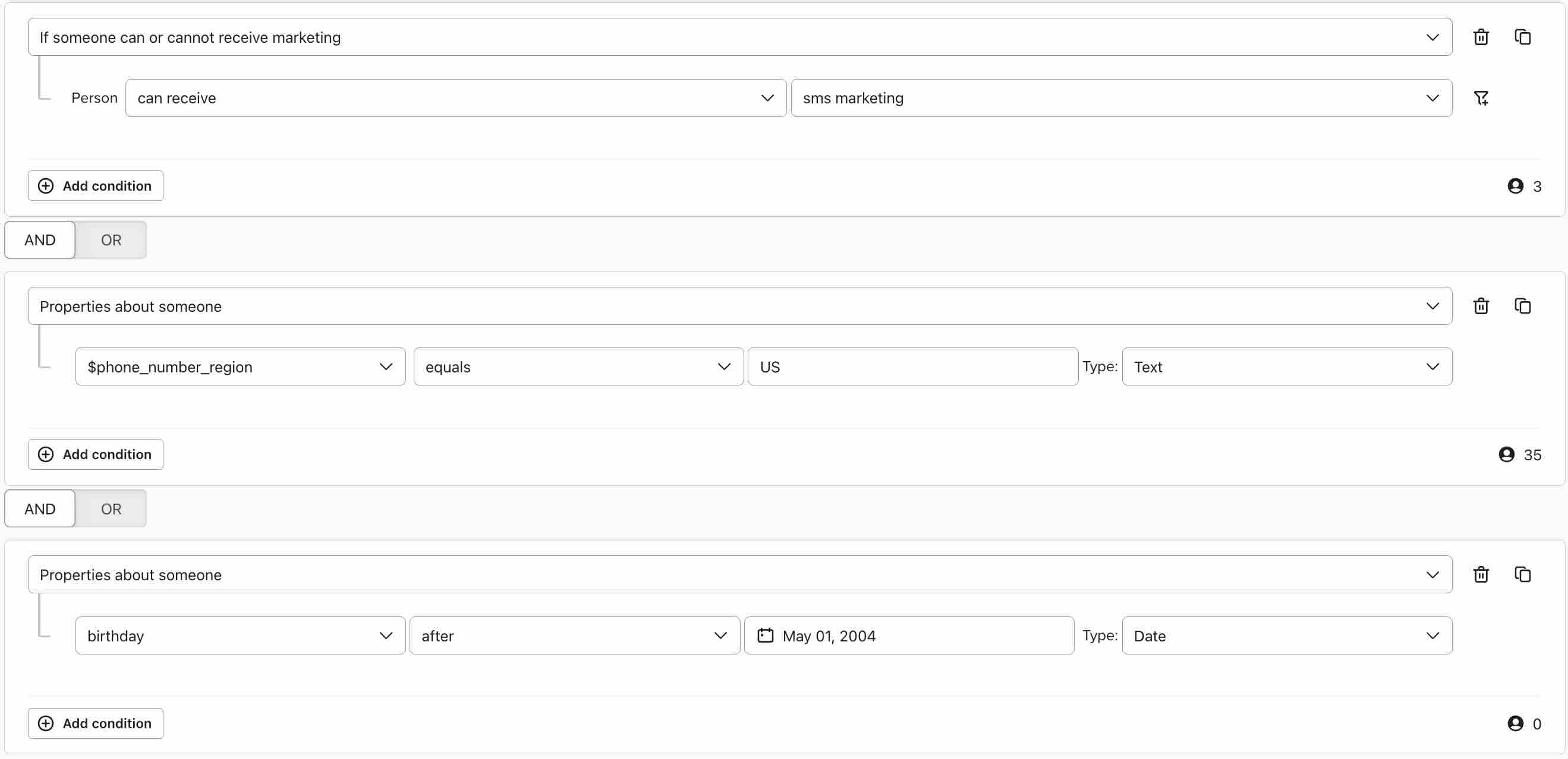 Segment of profiles with SMS consent and above the legal drinking age