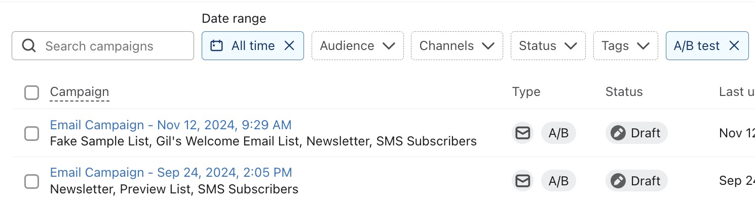 A/B test filtered campaigns showing email campaigns with A/B designation and draft status