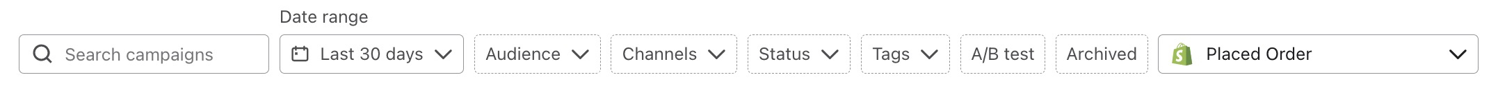 Campaign filter bar with date range, audience, channels, status, tags, A/B test, archived, and placed order options