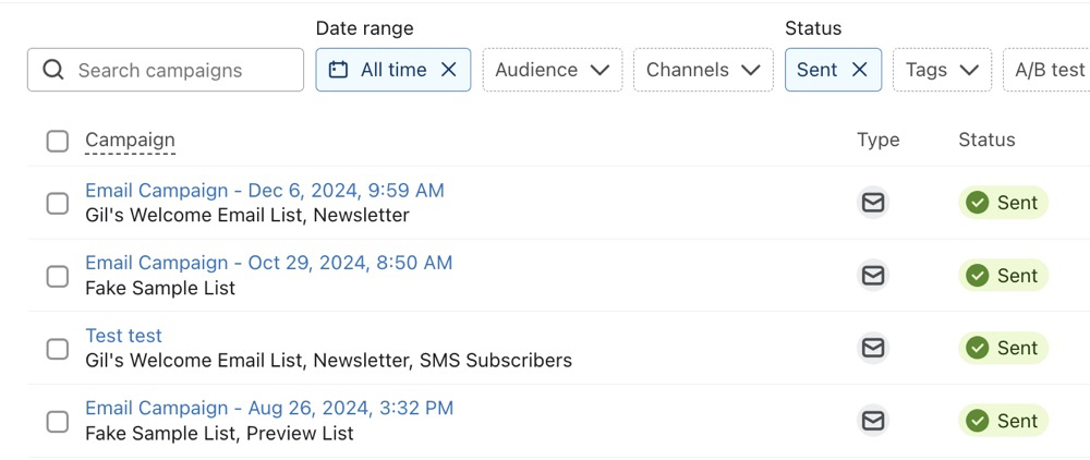 Campaign list filtered to show sent email campaigns with green sent status indicators