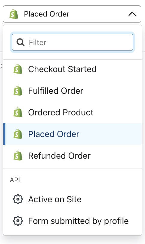 Opções de filtro de pedidos feitos, incluindo checkout iniciado, pedido atendido, produto pedido e ativo no site
