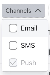 canal filtrer dropdown with Email, SMS, and notification push options