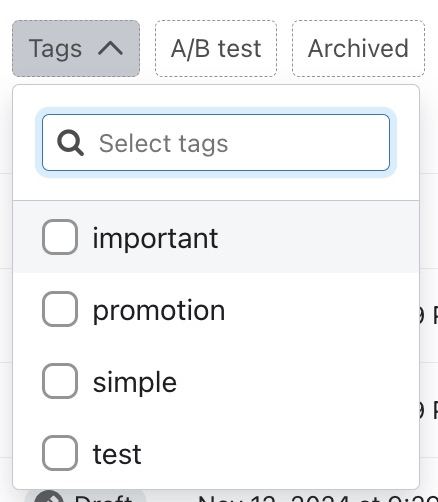 Filtro tag a tendina che mostra le opzioni dei tag di un account: importante, promozione, semplice, test