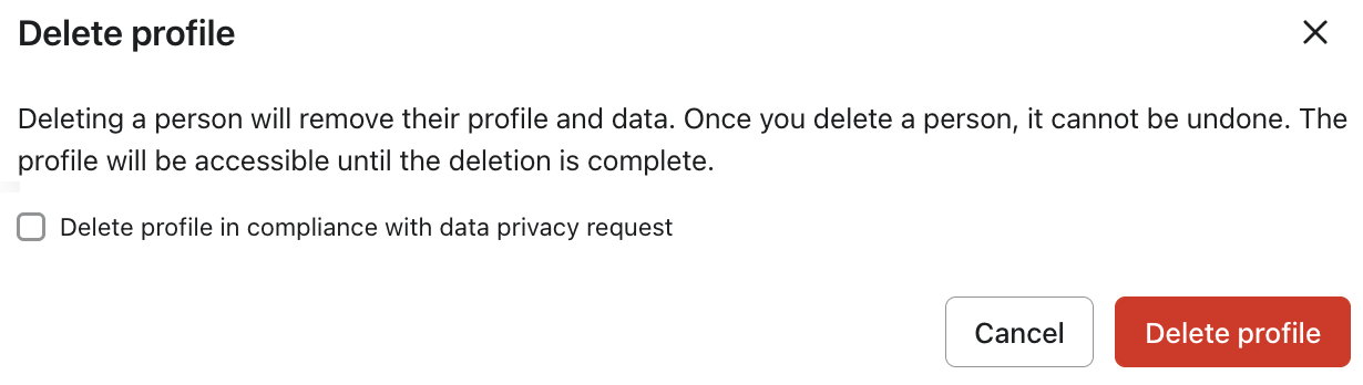 A Klaviyo warning message prompting you to confirm your decision to delete a profile