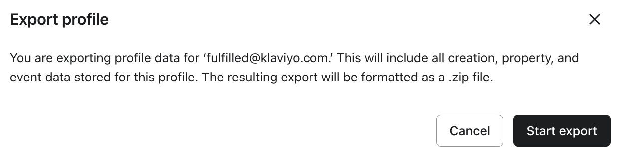 Modal da Klaviyo solicitando a confirmação da exportação de um perfil