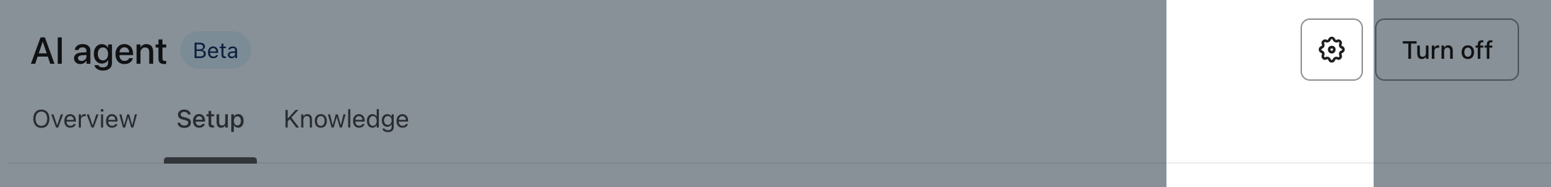 AI agent Beta interface with navigation tabs for Overview, Setup, and Knowledge, and a Turn off button.