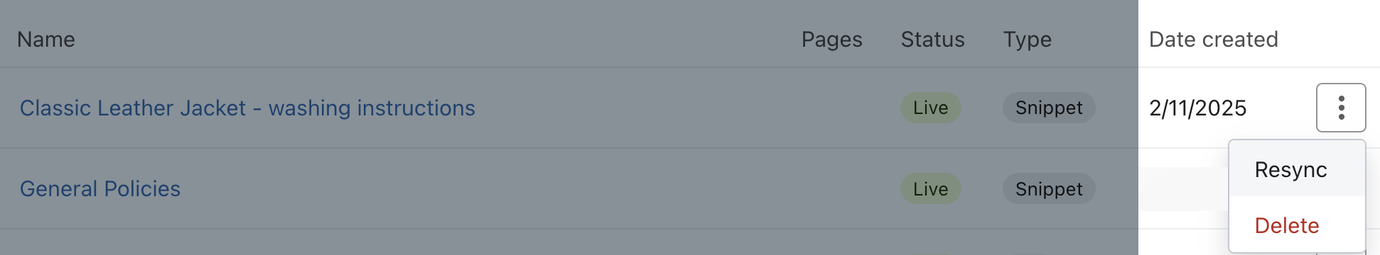 Knowledge tab with data entries and menu to resync or delete a snippet.