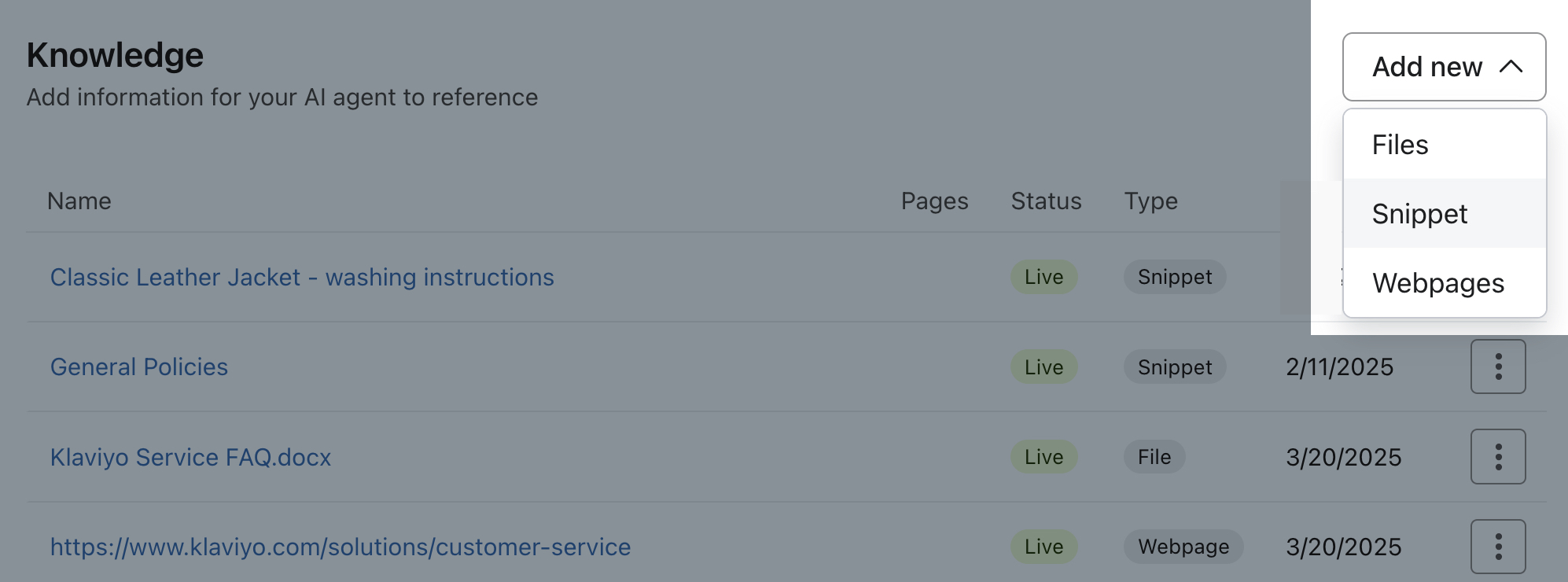Knowledge tab with list of data sources and options to add files, snippets, or webpages. width=