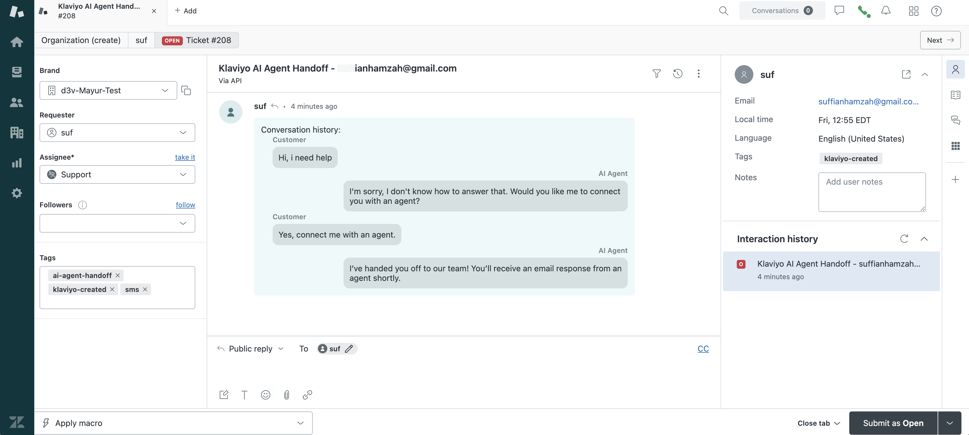 Support ticket view in Zendesk showing the ticket that the AI Service Agent created with the chat history and contact information.
