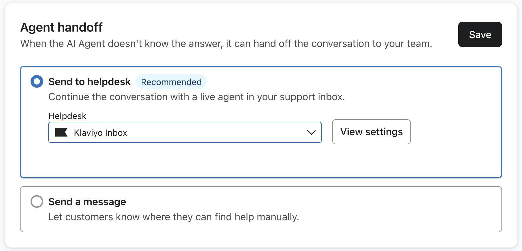 Agent handoff settings with options to send to helpdesk or send a manual message when the AI agent can't answer.