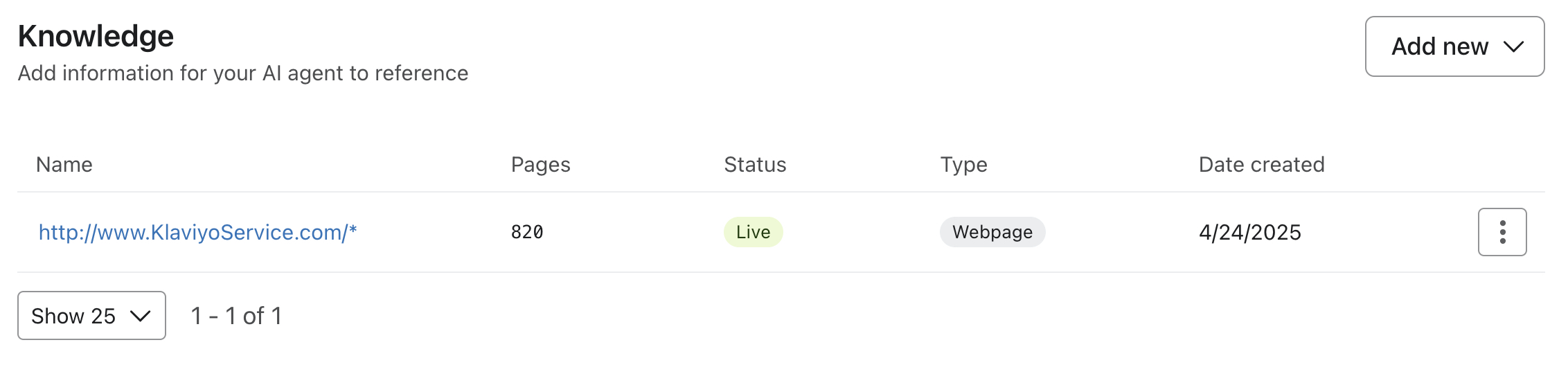 Knowledge tab showing a single live webpage data source for the AI Service Agent.