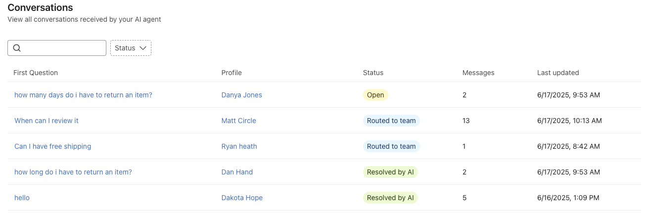 List of AI agent conversations with first question, profile, status, messages, and last updated time.