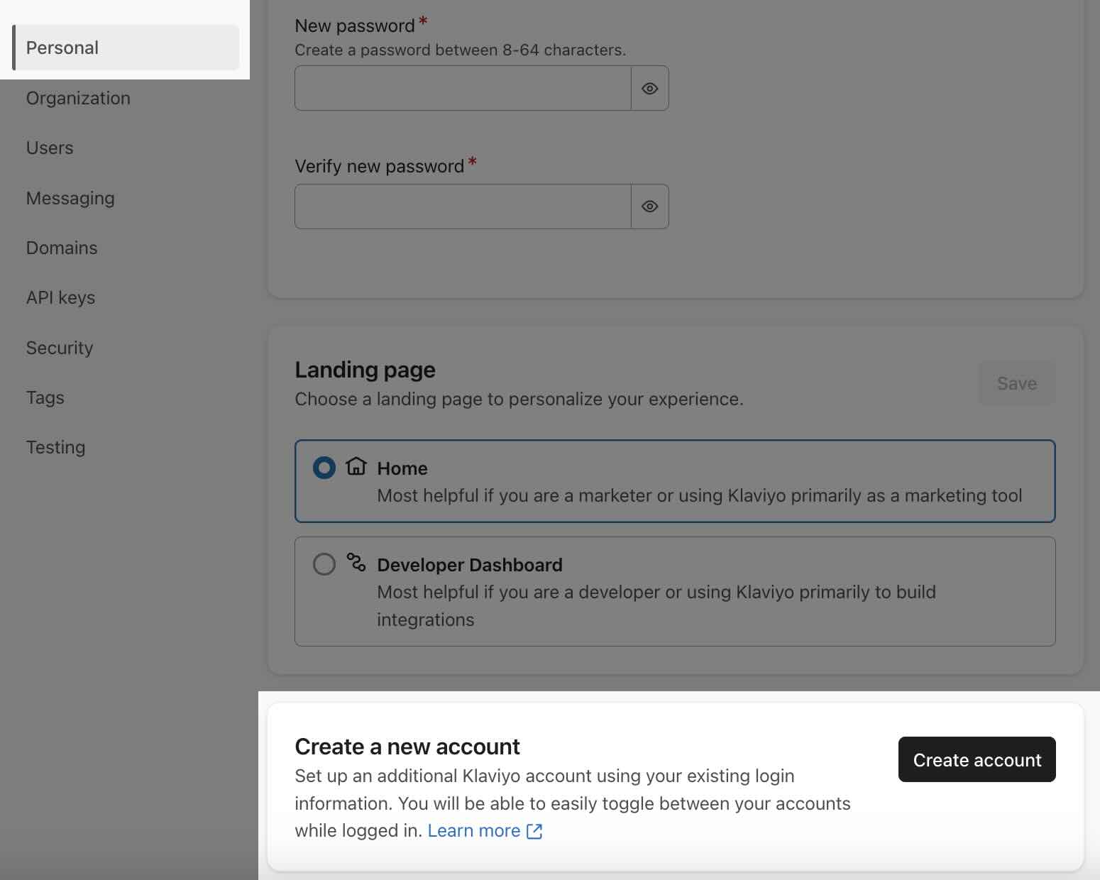 The Personal tab where the Create a new account section is highlighted