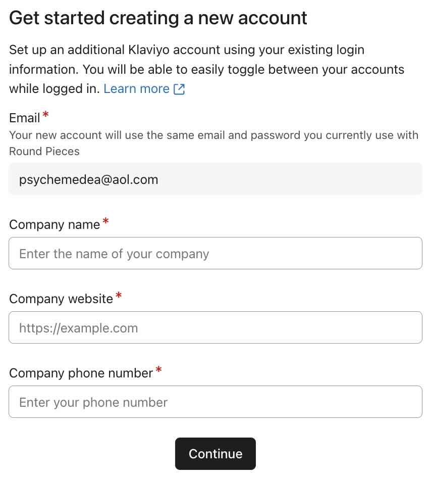 Campi per descrivere il nuovo account