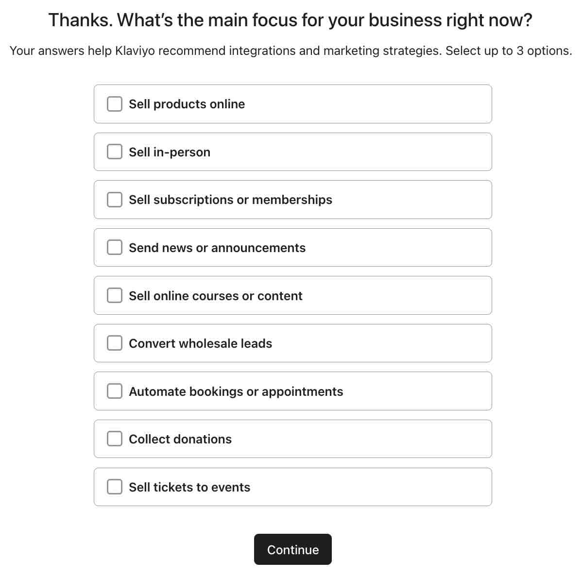 Liste des objectifs commerciaux disponibles
